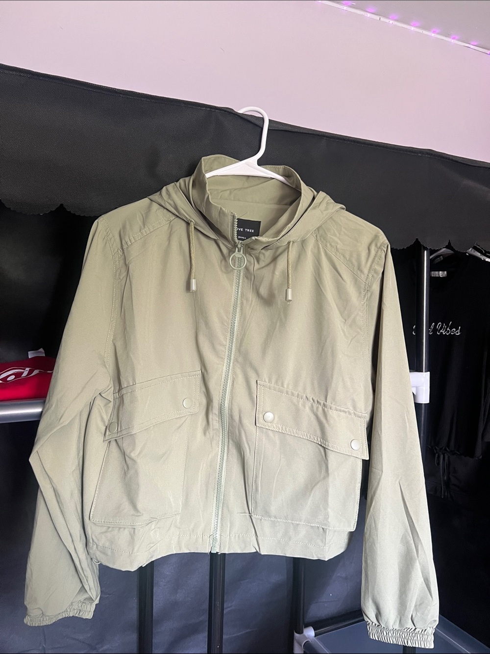 Love Tree Olive Green Hooded Cropped Jacket